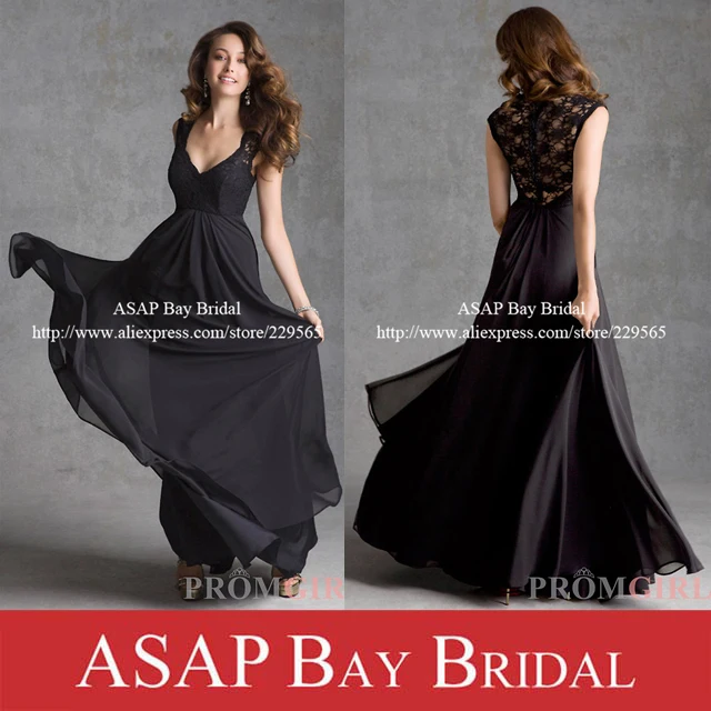 Free Shipping V Neck Long Flowy Black Lace Prom Dress Chiffon Evening Dress Graduation Dress