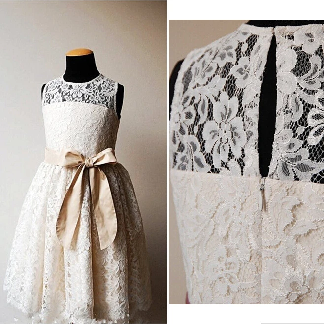 

2014 Lace Flower Girl Dress with Bow Wedding Party Dress Princess Pageant Dress for Little Girls Kids/Children dress for Wedding