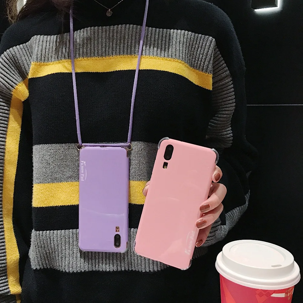 

Fashion Candy Color Case For Huawei P20 Pro Lite Mate 20 Lite Honor 10 Nova2s Cover Anti-Knock Lanyard Neck Strap Rope TPU Cover