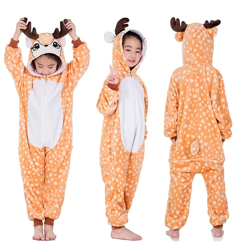 Детские пижамы кигуруми в виде животных, зимние фланелевые теплые пижамы для мальчиков и девочек, единорог, Ститч, панда, косплей, комбинезон с капюшоном, милая одежда для сна