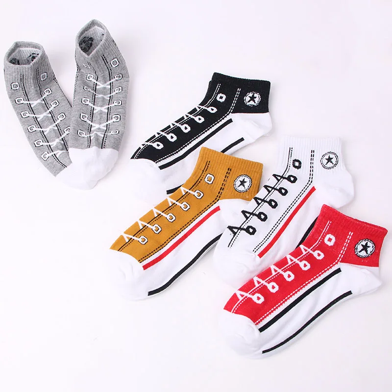 

5 Pairs/Lot Trend Men Socks Skate Shoes Pattern Short sock for boys Summer Breathable Fashion Shoelace Ankle Socks