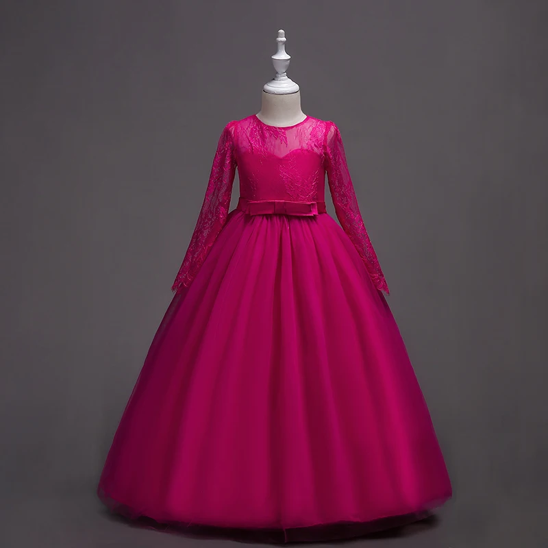Длина до пола, кружевное платье принцессы с длинными рукавами и цветочным узором для девочек, 2019 фиолетовое Пышное Платье для девочек