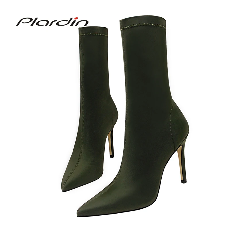 

Plardin New Concise Mid-Calf Boots Women Shoes For Woman Winter Boots Pointed Toe Thin Heels Woman Stretch Fabric Fashion Boots