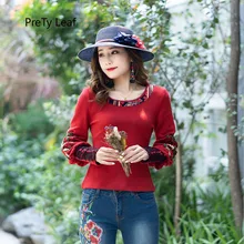 Ранняя весна круглый вырез тонкая вышитая женская футболка с длинными рукавами