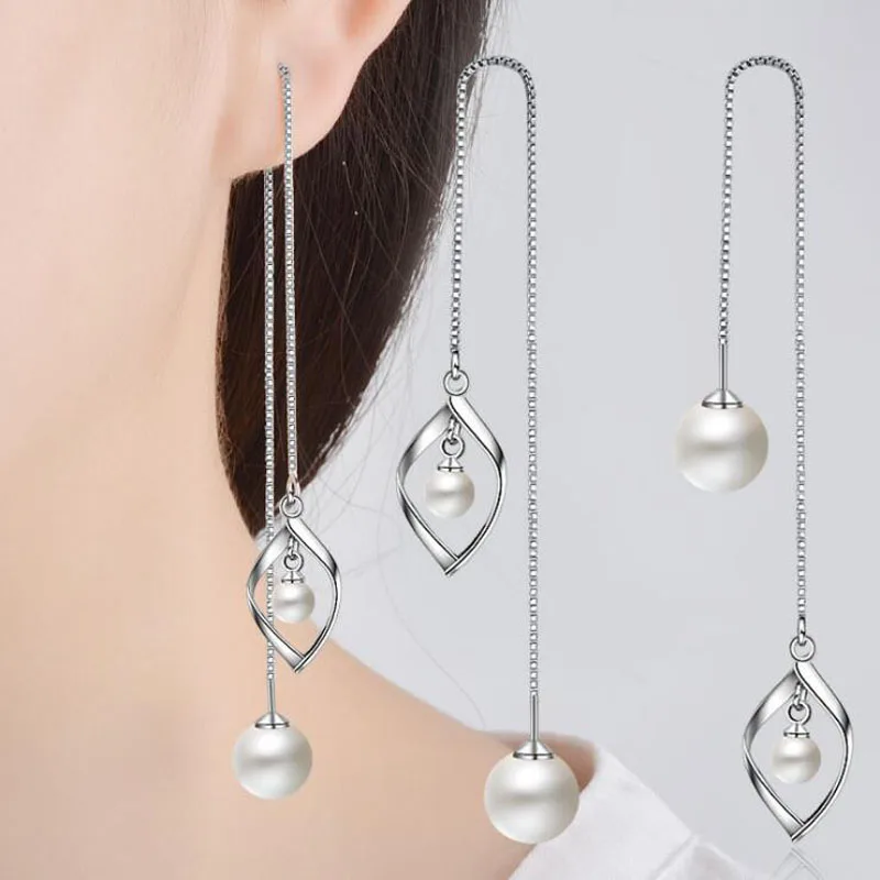 KOFSAC Fashion 925 Sterling Silver Chain Earrings For Women Drop-Shaped Pearl Ear Line Long Tassel Earring Jewelry Gift Brincos | Украшения