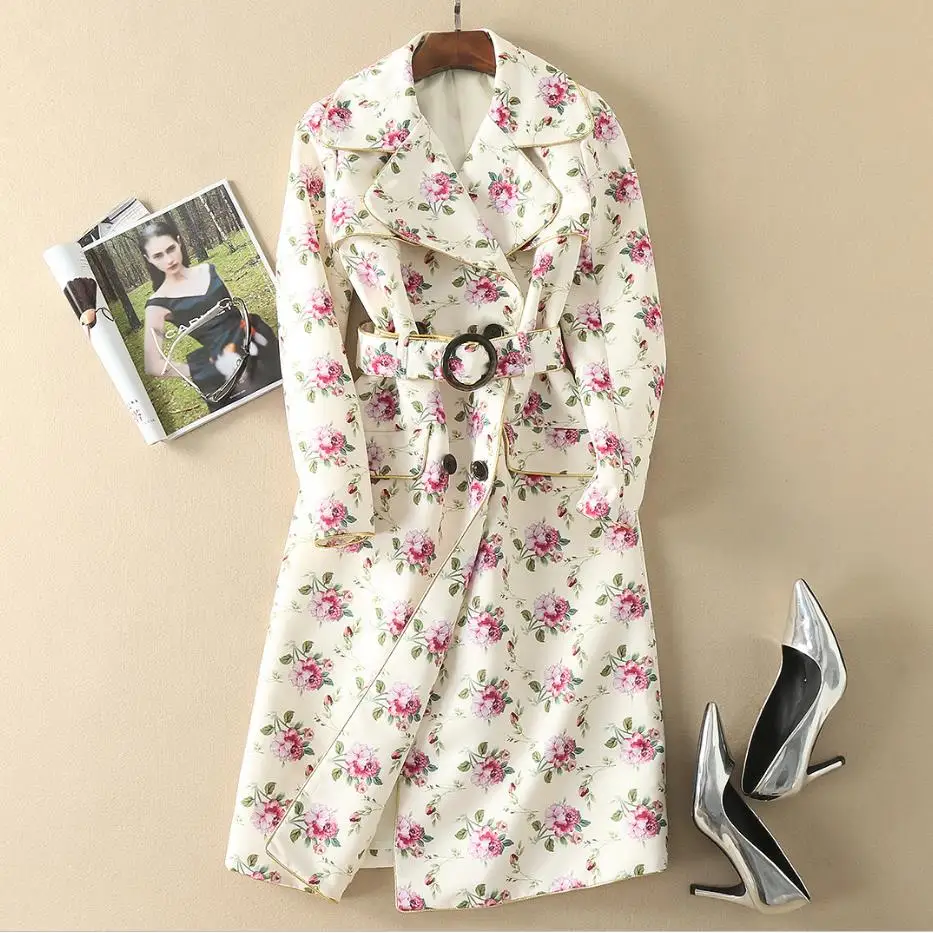 

2018 Autumn Spring Vintage Floral Pattern Print Sashes double Breasted fashion Long Women Trench coat