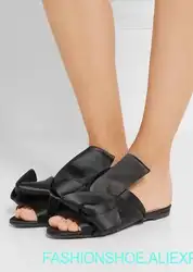 2018 летние новые дамы большой бант плоские сандалии открытый носок синий/белый в полоску Для Женщин Атлас шлепанцы женские слипоны модные