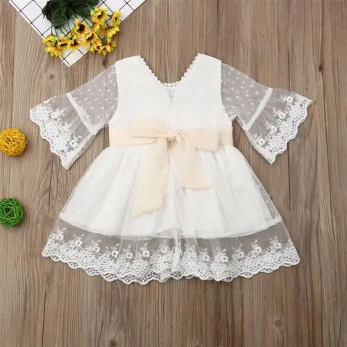 Белое кружевное платье для маленьких девочек; платья для крестин; платье подружки невесты с цветочным узором для девочек
