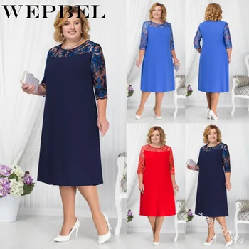 

WEPBEL Women Lace Dress Solid Color Plus Size Oversized O Neck Summer Fashion Casual New Ladies Dresses