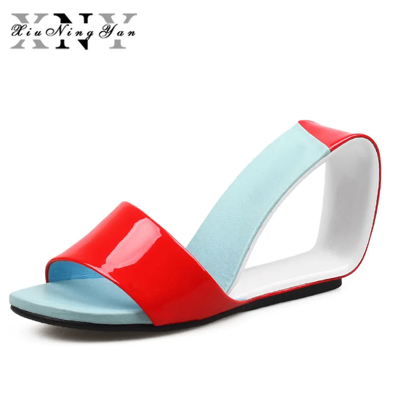 

XiuNingYan Unusual Heel High Slippers Women Open Toe Footwear Genuine Leather Slides Shoes Female Mules Summer Shoes Woman 2019