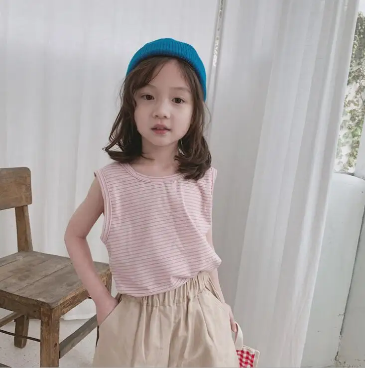 Новое поступление, футболка в полоску для девочек хлопковый летний топ без рукавов для детей 1-7 лет, PT808