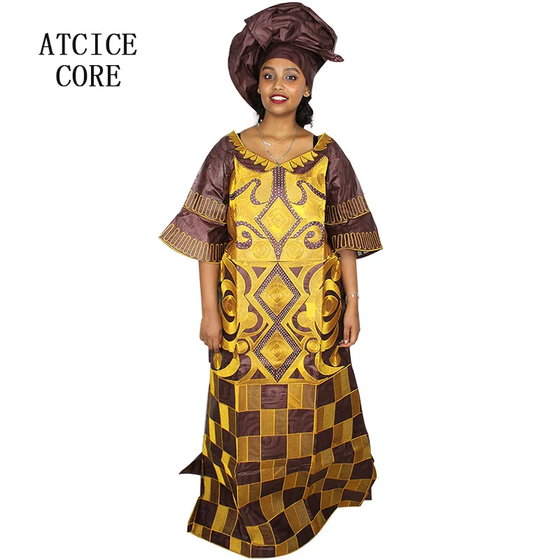 African Dresses For Woman Bazin Riche Computer Emboridery Plus Size Long Dress With Scarf A023 african robe