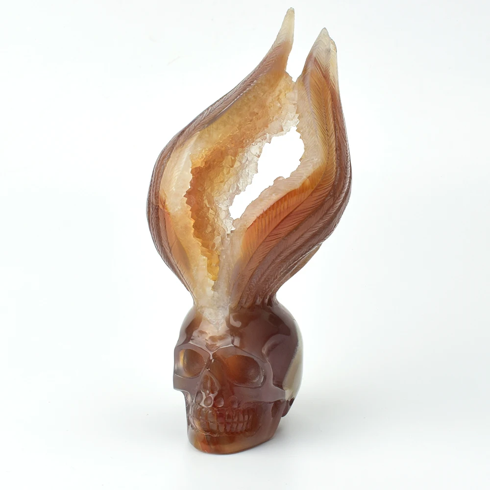 

5.6'' Amazing Agate Geode Hand Carved Angel Wing Quartz Crystal Skull Statue Realistic Healing Stone Carving Figurine Home Decor