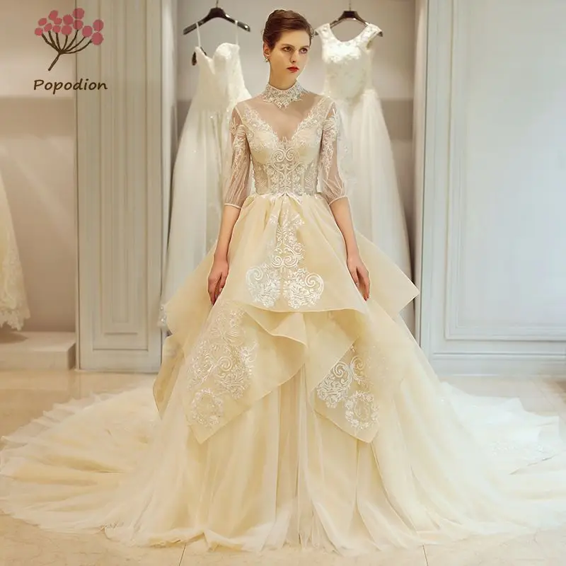 15781 47 De Réductionrobe De Mariée Dos Nu Popodion Robes De Mariée En Dentelle Champagne 2018 Robe De Mariée Vestido De Noiva Wed90409 In Robes