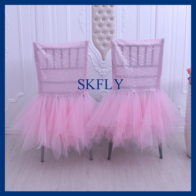 CH094C standard chiavari puffy light pink tulle and seuqin chair cover