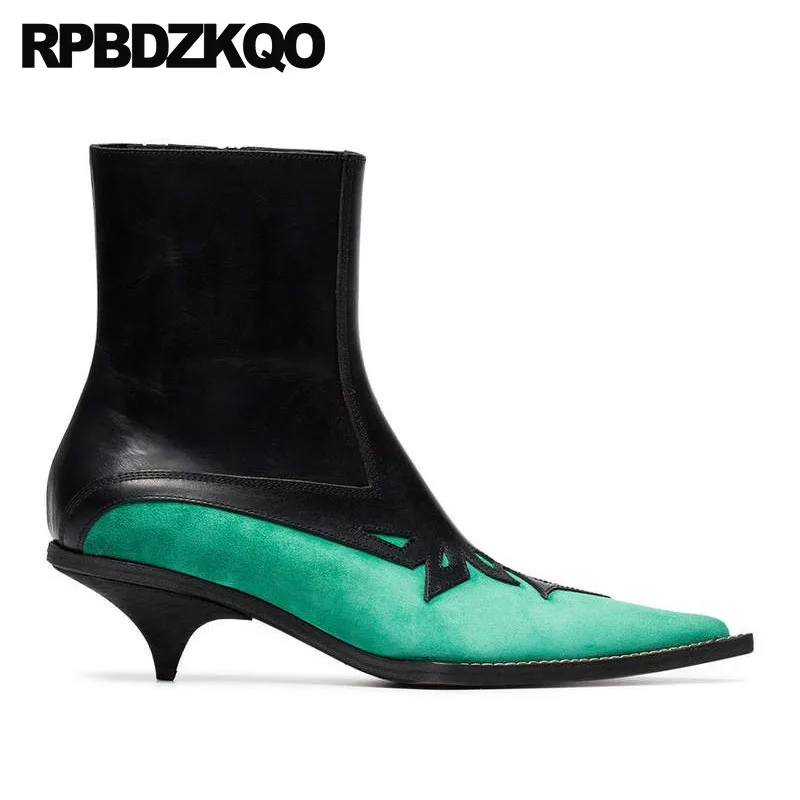 Las Otoño Marca Zapatos Cremallera Mujeres Punta Caída Diseñador Cuero Mano Gamuza Verde Corto A 2018 De La Patchwork Tobillo Hecho Genuino Lujo wIadavq