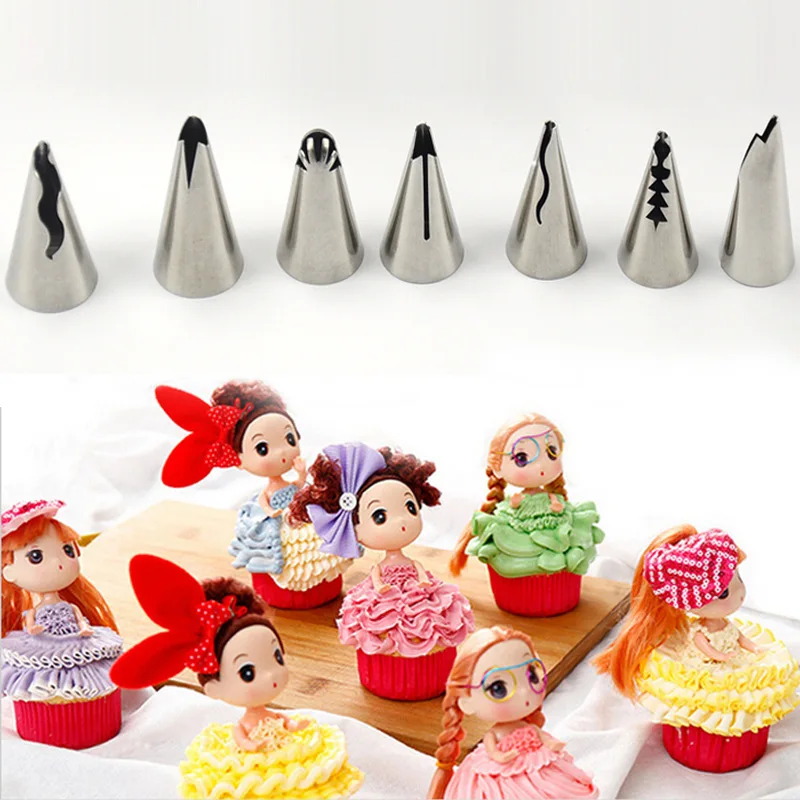 

8Pcs/Set Ice Cream Piping Pastry Korean Nozzles Tips DIY Doll Dress Maker Stainless Steel Baking Nozzles Cake Decoration Tools