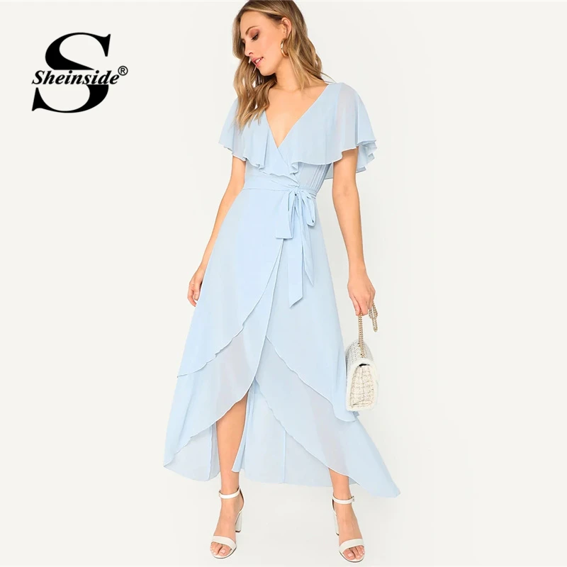 

Sheinside Elegant Flutter Sleeve Maxi Dress Women 2019 Summer High Waist A Line Dresses Ladies Solid Layered Chiffon Wrap Dress