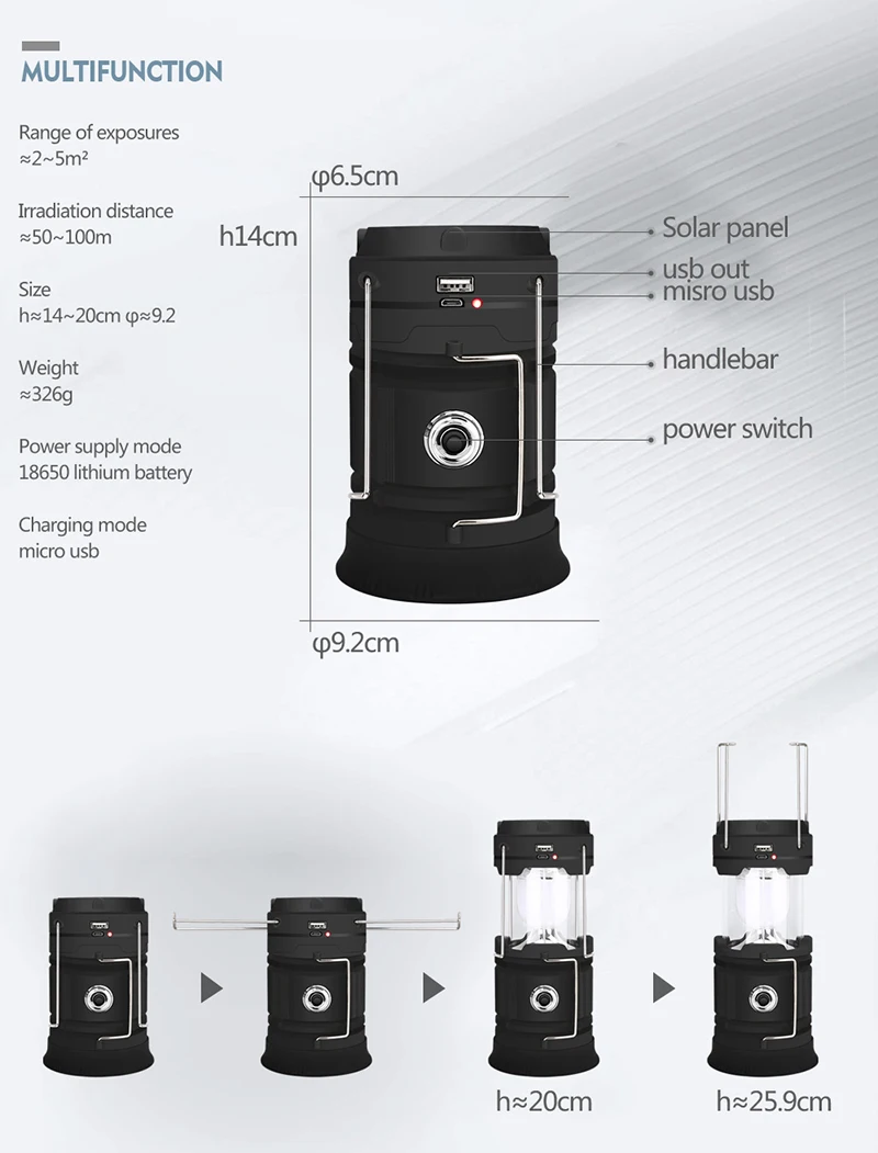 Складной портативный солнечной энергии многоцелевой туристический фонарь 18650 перезаряжаемые USB наружные фонарики лампа для палатки