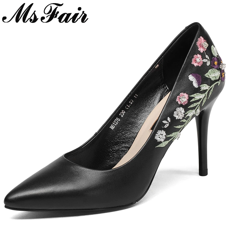 

MSFAIR Pointed Toe Thin Heels Women Pumps Embroider Shallow High Heels Ladies Pumps New Spring Crystal Women Stiletto heel Shoes