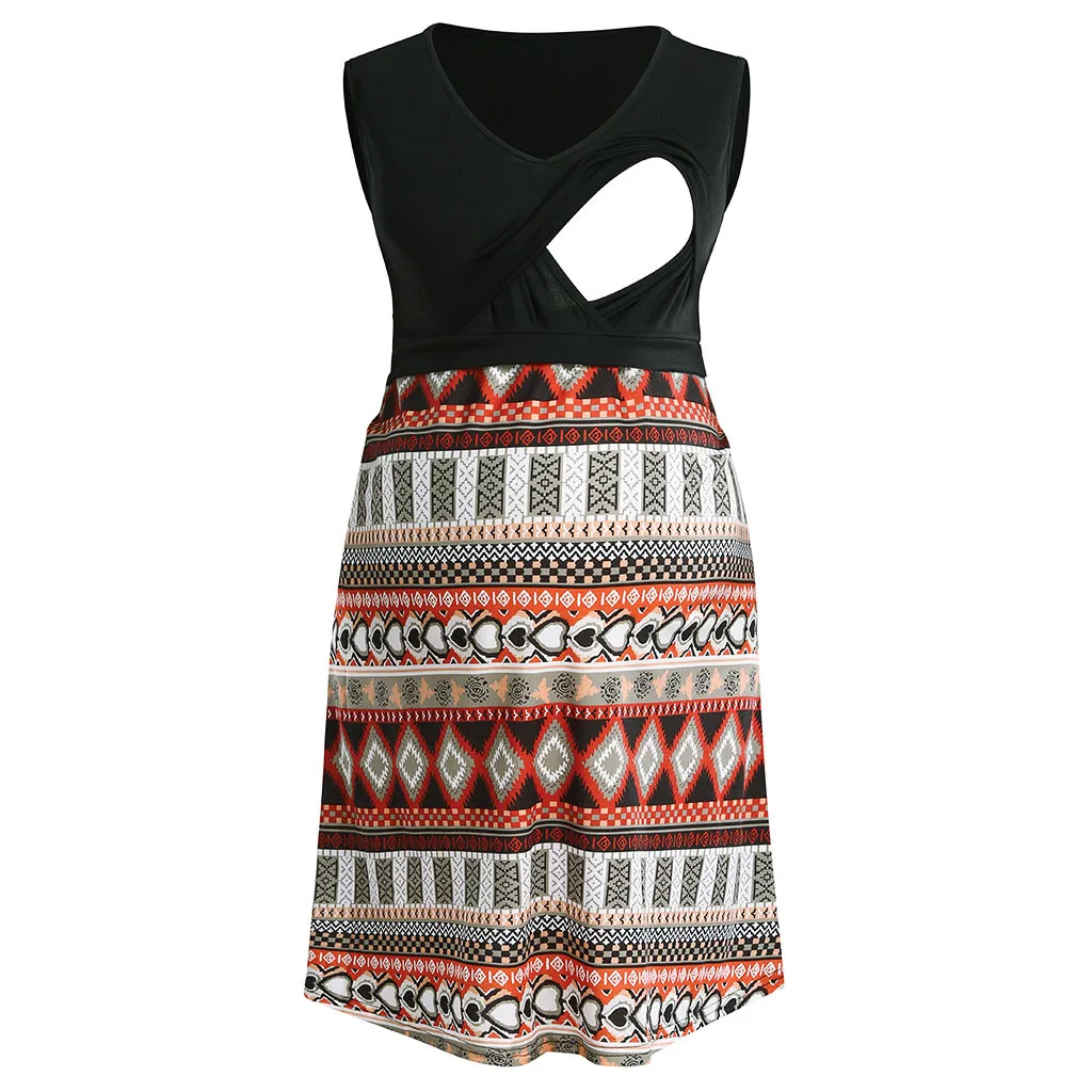 MUQGEW summer clothes for women Maternity Nursing Pregnanty V-Neck Sleeveless Splicing Print Dress hamile elbise