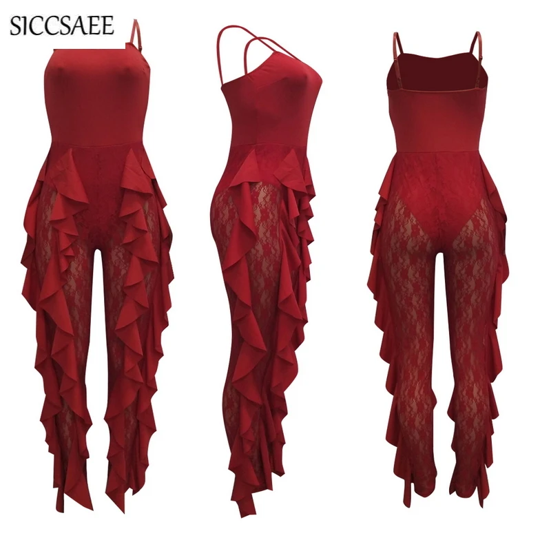 Lace Crochet Patchwork Bandage Jumpsuits For Women 2019 Backless Solid Sheer See Through Stringy Selvedge Ruffles Side Ruched 