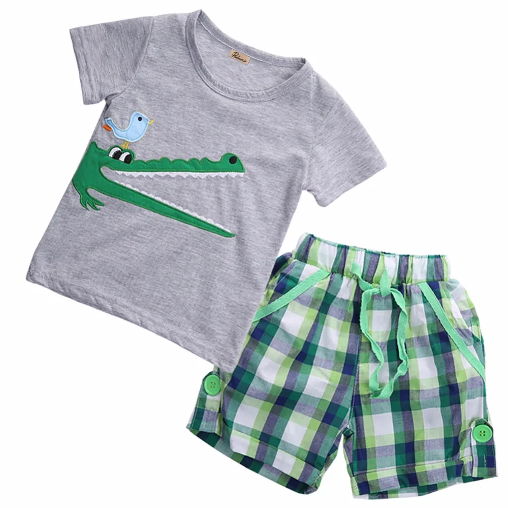 Комплект одежды для маленьких мальчиков симпатичный летний комплект с животными для малышей: топ и клетчатые штаны футболка и шорты для детей 2 3 4 5 6 7 лет