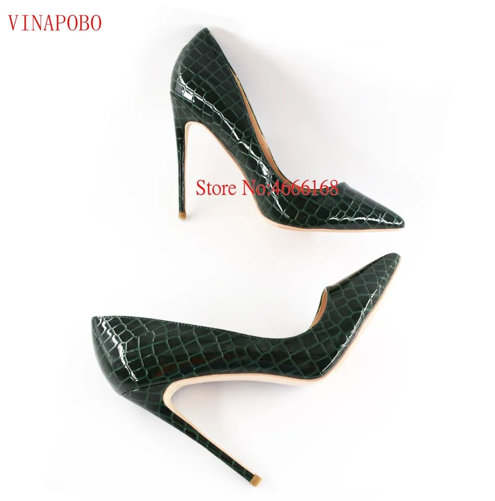 

Vinapobo 2019 New Arrival Women Shoes Dark Green Snake Print Patent Leather 12/10/8cm Stilettos Heel Pumps Party wedding Shoes