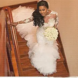 2019 Великолепная 3/4 одежда с длинным рукавом плюс размеры Африканский свадебное платье кружево Sheer арабский страна платье невесты русалка