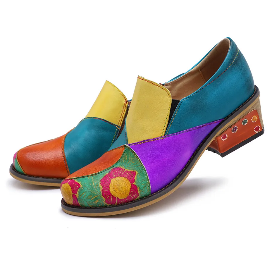 2019 New Genuine Leather Women Pumps Handmade Color Block Loafers Oxfords Shoes For Woman Med Heels Ladies Single Shoes Big Size (14)