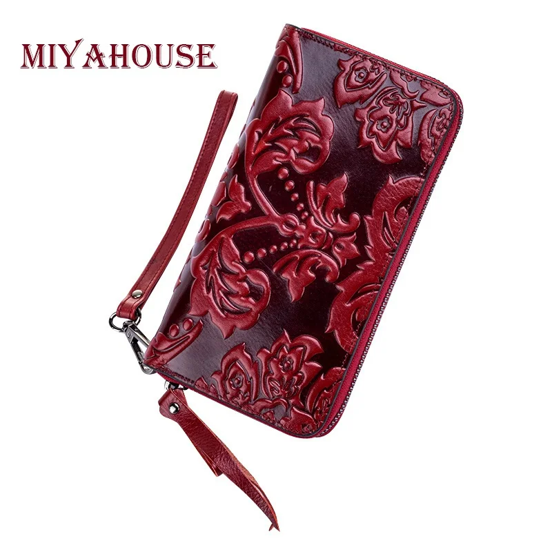 

Miyahouse Genuine Leather Female Wallets Embossing Women leather Clutches With Wrist Strap Long Design Leather Lady Purse