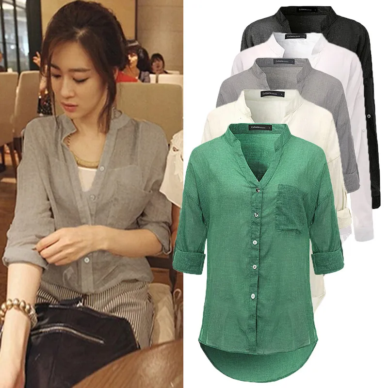 Acheter Nouveau Coton Lin Femmes Blouse 2018 Automne D été Dames Casual Manches Longues Bureau Chemise Plus La Taille Tops Blusas Femininas Camisas