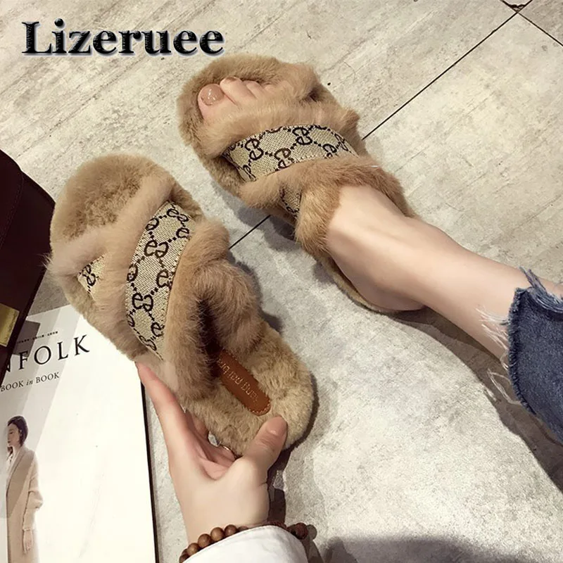 

Cross-tied Fur Slippers Winter Shoes Western Design Cozy Flip Flops zapatos mujer Open Toe Flat Slides Korean Brand Slides women