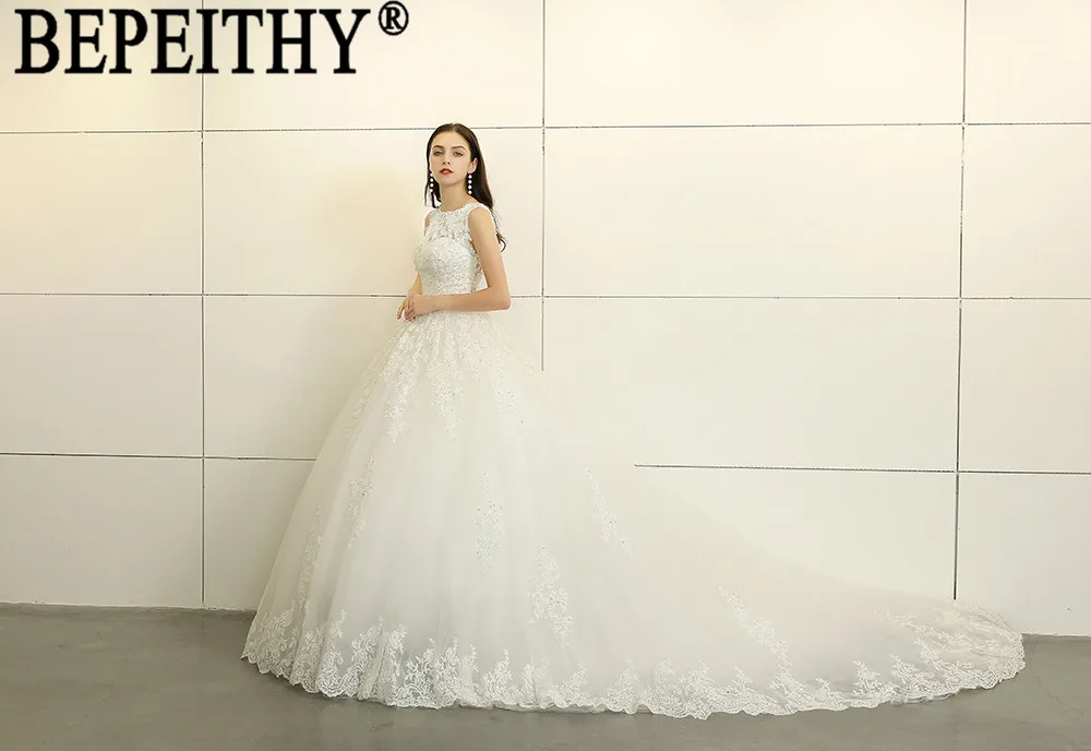 BEPEITHY Vestido de noiva элегантные кружева бусины с круглым вырезом элегантный длинный шлейф свадебное платье 2019 новое поступление