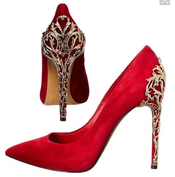 Лидирующий бренд, красные, черные замшевые туфли-лодочки с острым носком модельные туфли на металлическом каблуке с золотыми вырезами свадебные туфли на тонком высоком каблуке, украшенные металлом - Цвет: as picture
