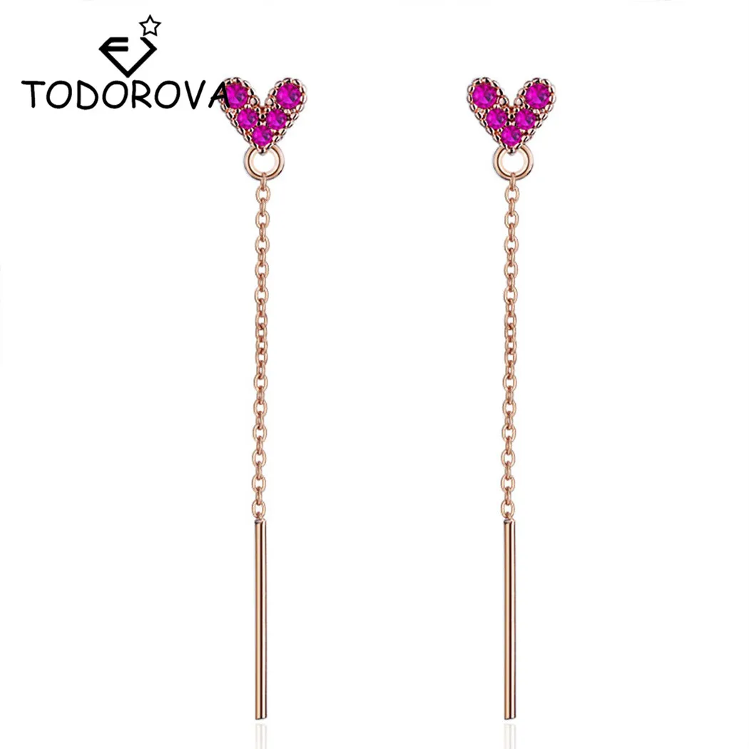 

Todorova Korean Fashion Sweety Pink Cubic Zircon Love Heart Long Chain Tassel Bar Drop Dangle Earrings for Women Jewelry