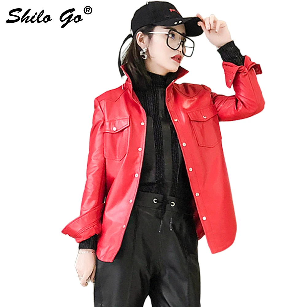 SHILO GO Leather Jacket Womens Spring Fashion sheepskin genuine leather coat lapel collar single breasted locomotive jacket