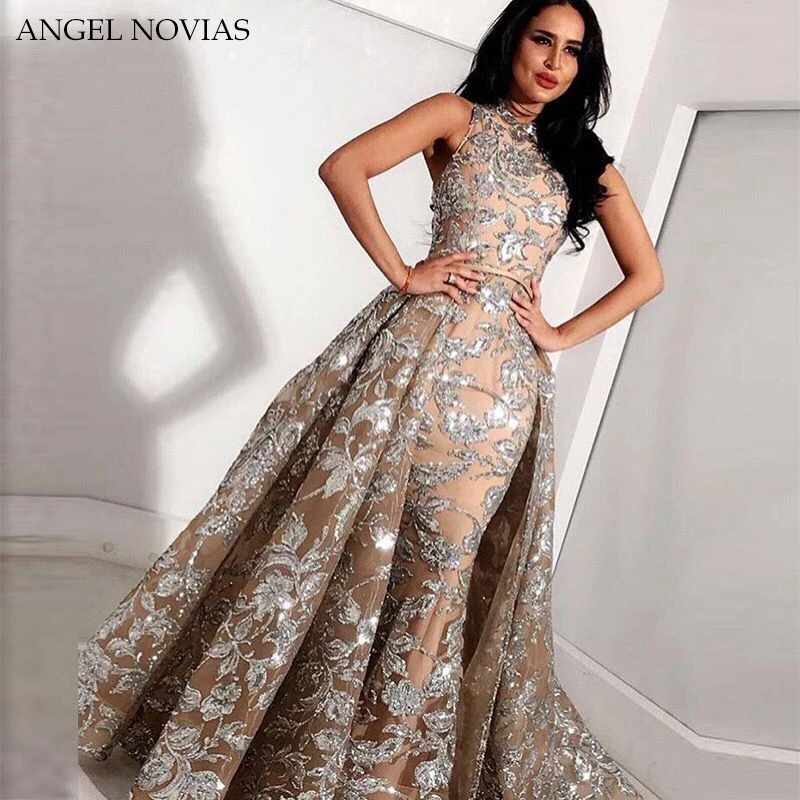 Long gris Champagne dentelle sirène col haut arabe robe de soirée 2018