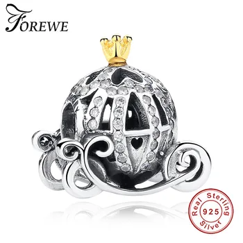 

925 Sterling Silver Charm Cinderella Pumpkin Carriage Gold Crown Beads Fit Original Charm Bracelet Authentic Jewelry