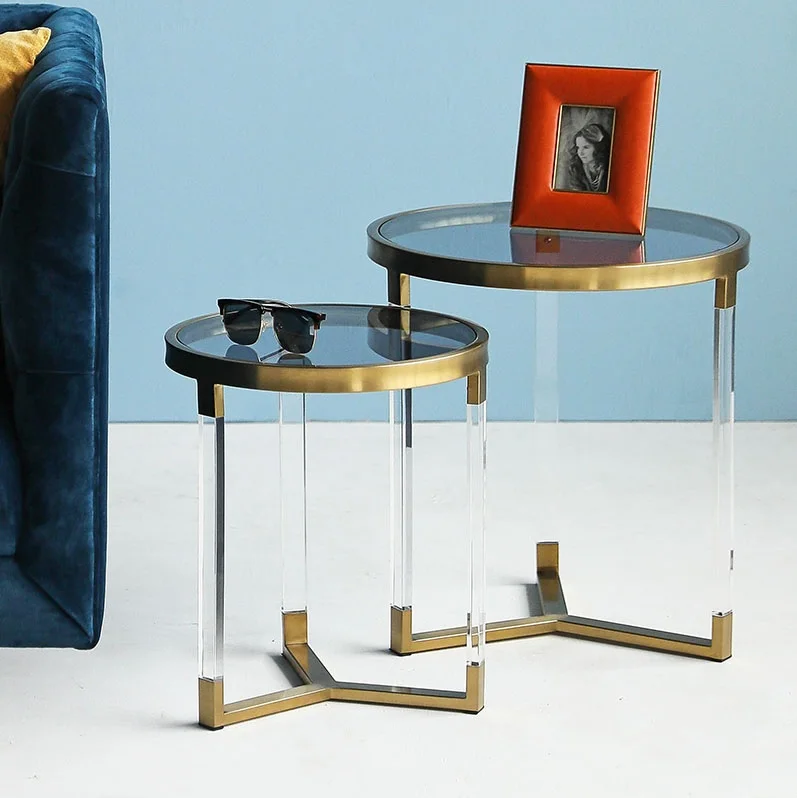 2pcs PACK Round Coffee Table / 57cm +50cm High / Gold, Clear Acrylic and Glass Coffee Table 2pcs PACK Round Coffee Table / 57cm +50cm High / Gold, Clear Acrylic and Glass Coffee Table