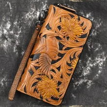 Новинка, тисненый кошелек из натуральной кожи для мужчин и женщин, клатч, Винтажный Длинный кошелек на молнии с цветочным рисунком, клатч, кошелек унисекс