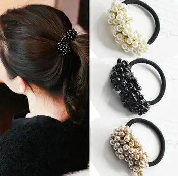 

100PCS Pearls Beads Headbands Ponytail Holder Girls Scrunchies Vintage Elastic Hair Bands Rubber Rope Headdress