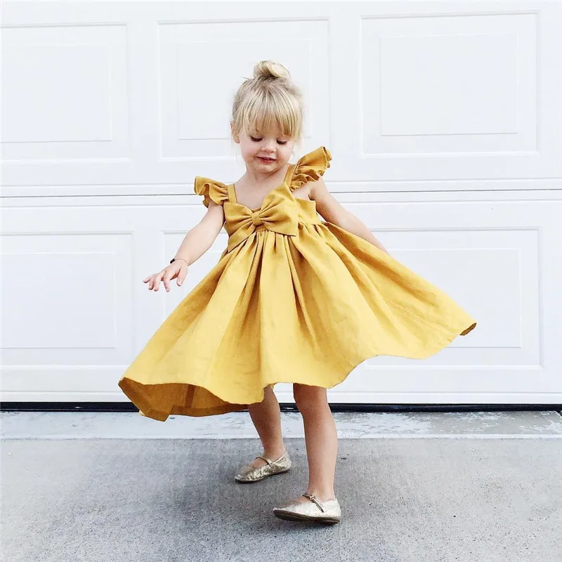 

pudcoco 0-4Y Newborn baby Kids girl dress bebe Girls big bowknot yellow sunny Fairy dress Princess Party Summer Dress