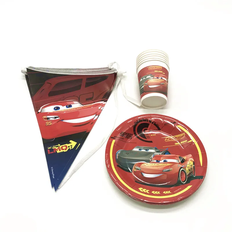 

New Disney Cars Theme 36Pcs McQueen Paper 12Cup+12Plate+12Banner Kid Boy Birthday Theme Party Wedding Festival Decoration Supply
