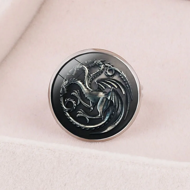 

1PC HBO's Game Of Thrones Rings Colorful Round Ring family wappens Ice wolf House Targaryen Sigil Ring Jewelry Glass Dome Adjust