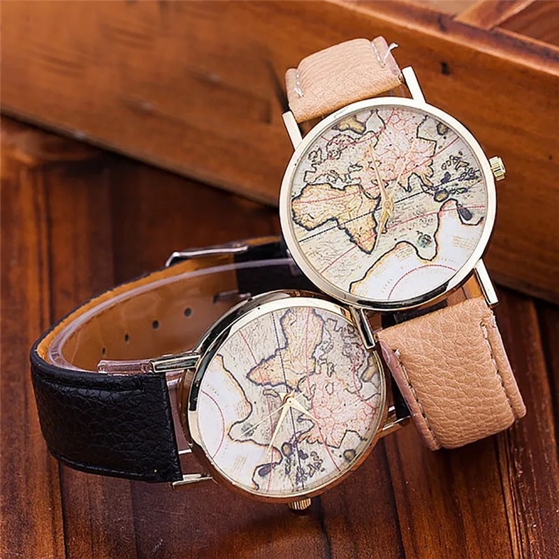 

Ladies Watches Fashion Men World Map Leather Strap Analog Quartz Wrist Watch Montre Femme Acier Inoxydable Relojes De Mujer