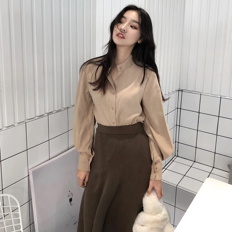 

Mazefeng 2018 New Spring Women Shirts Vintage Women Casual Shirts Ladies Fashion Simple Shirts Stand Collar Long Lantern Sleeves