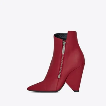 

Women Cowboy Boots Red Leather Side Zipper Short Women Wedge Boots Pointed Toe Cone Heels Runway Ladies Winter Shoes and Boots