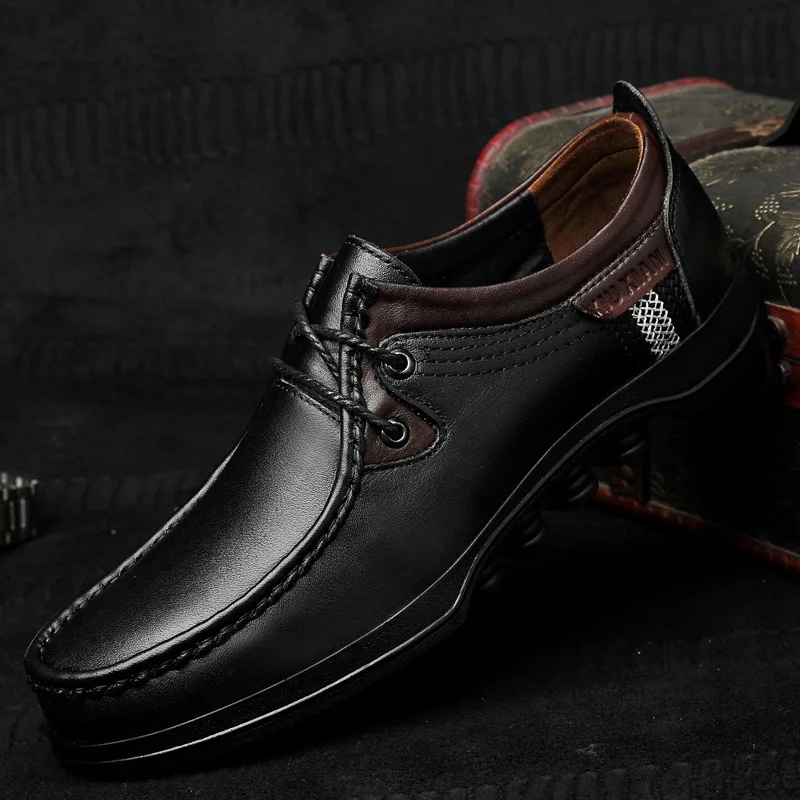 Мужская обувь из натуральной кожи на шнуровке; повседневная мужская обувь; zapatos hombre Cuero Genuino Sepatu Pria Kulit Asli Sapato Masculino Social - Цвет: Black
