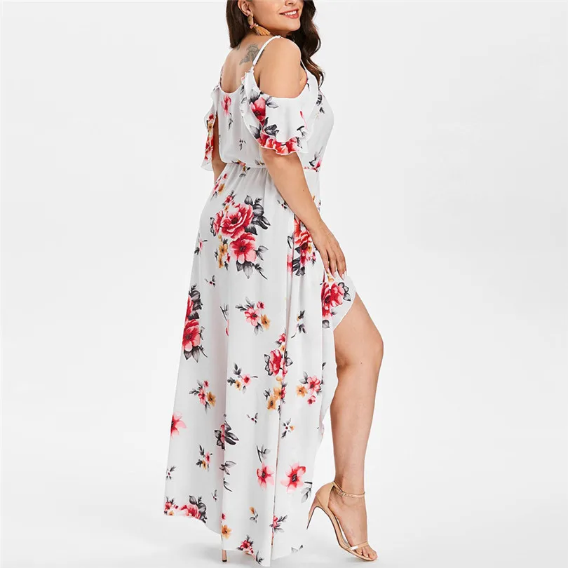   Plus Size Women Summer  Fashion  Casual Short Sleeve Cold Shoulder Boho Party Beach Flower Print Long Dress#4M11 (8)